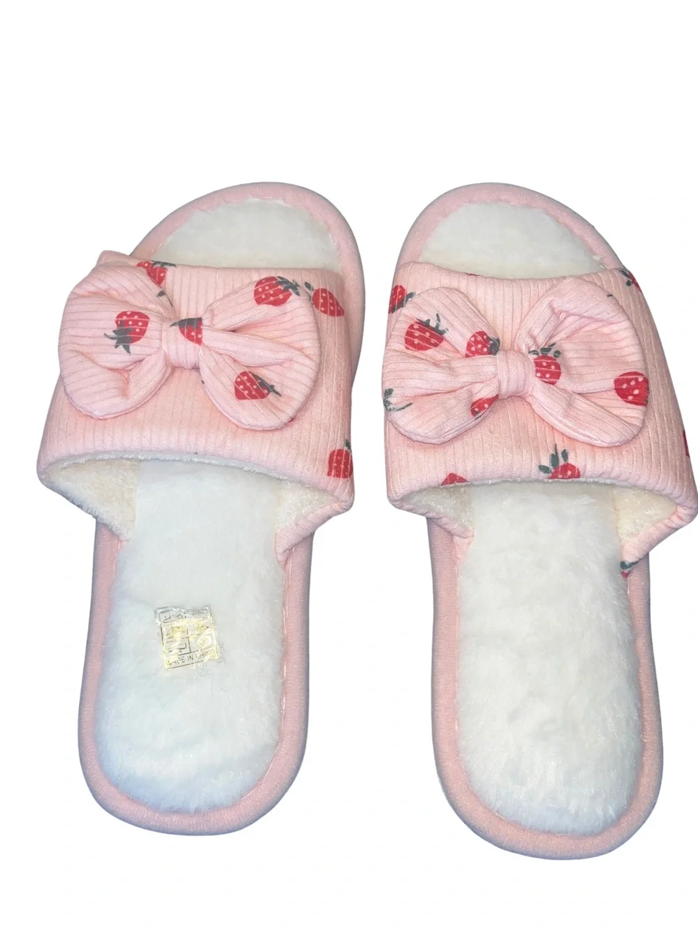 Pink Strawberry Print Bow Slippers - Picture 3 of 7